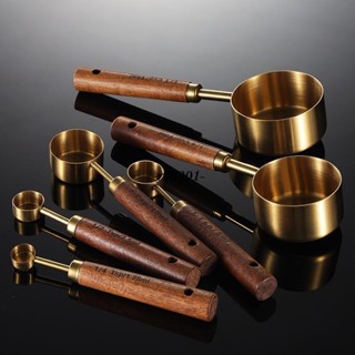 不鏽鋼量匙 1.25~250ml 金色木柄量杯 廚房烘焙測量工具 茶勺 計量勺-r90901-