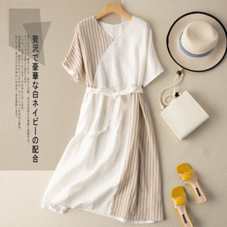 棉麻洋裝💕 純棉中長款連衣裙女條紋拼接文藝復古長裙女夏新款系帶收腰裙 大尺碼洋裝 連身裙洋裝 顯瘦洋裝 連身裙