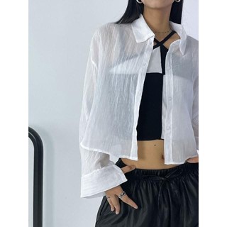 【Codibook】韓國 binary01 混麻透膚短版襯衫［預購］襯衫 女裝