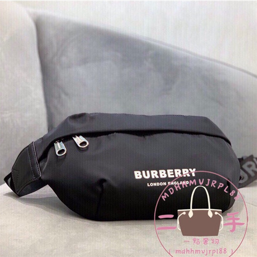 99新 二手 BURBERRY 博柏利 黑色尼龍男士腰包/胸包/斜跨包