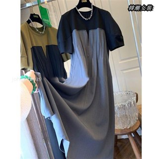 【大尺碼女裝M-5XL40-150kg】大尺碼女裝300斤胖MM法式泡泡袖西裝長裙女夏季拼接撞色假兩件洋裝