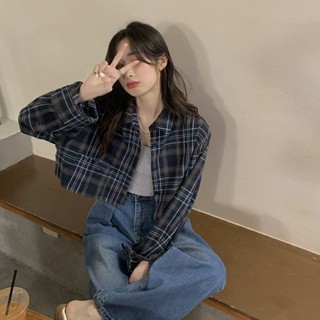 TK推薦✈復古格子長袖襯衫外套女夏季港味chic顯瘦短款襯衣薄款上衣潮上衣百搭外套 長袖上衣 薄外套