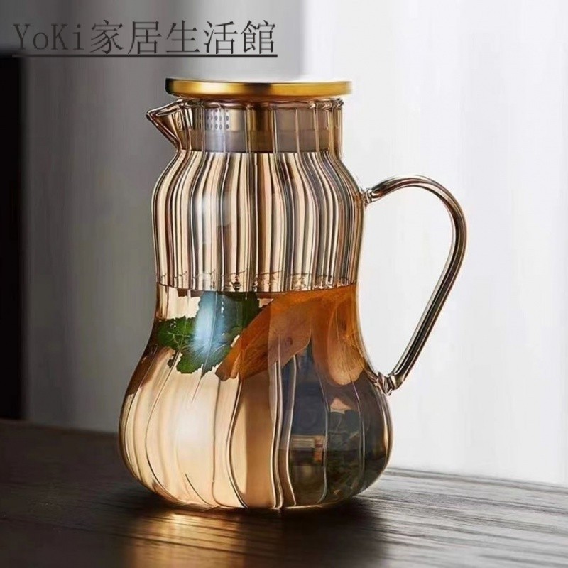 YoKi-水壺 冷水壺 冷水瓶 涼水壺 大容量水壺 開水壺 高顔值琥珀色涼水壺整套加厚耐高溫涼水杯防爆大容量玻璃茶水分離