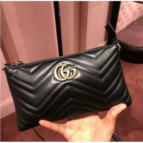 二手 GUCCI 443447 黑色全皮W紋GG金釦 MARMONT 拉鍊斜背包WOC XC8636