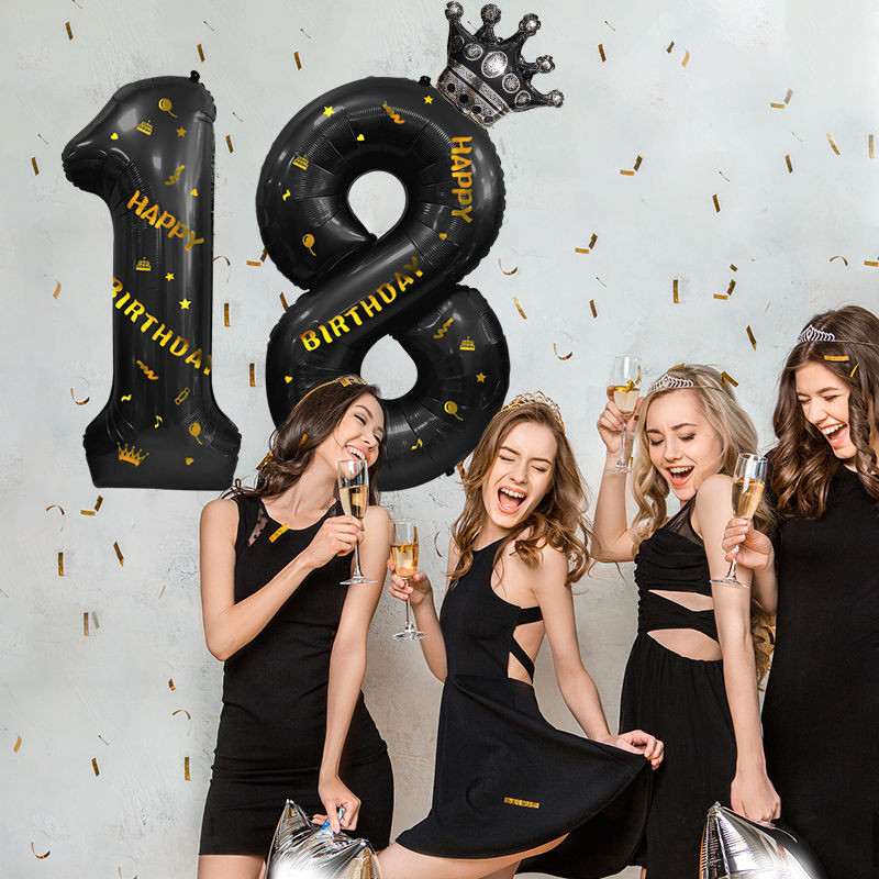 💕派對好物🎈ins風40寸黑色鋁膜皇冠數字氣球套裝周歲生日場地布置拍照道具