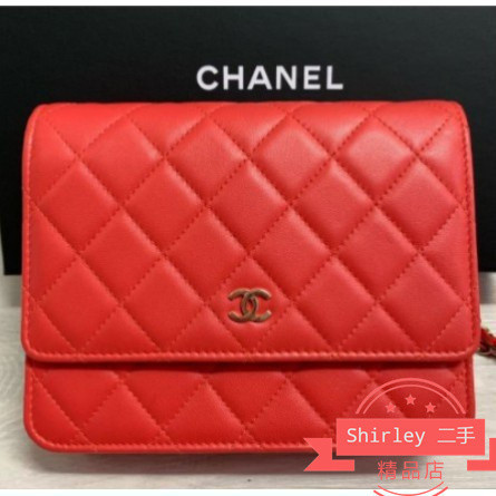 二手CHANEL 新 黑色/紅色 荔枝 牛皮 金鍊 17cm 加大 WOC 發財包 A84310