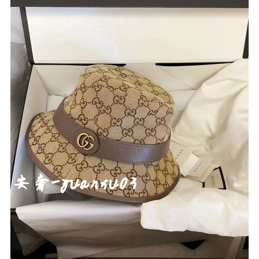 現貨+免運 GUCCI 古馳 帽子古馳新款雙G金扣滿logo印花帆布漁夫帽 576587