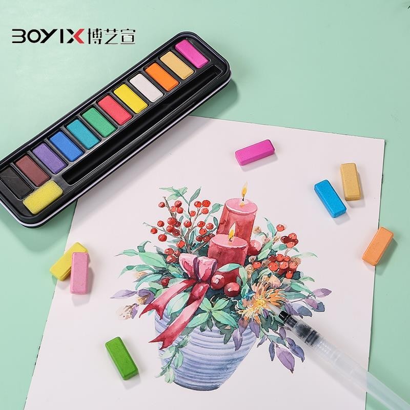 💕美蘇生🎈鐵盒固體水彩顏料套裝美術用自來水筆兒童初學畫筆調色盤全套小盒
