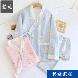 🚚【熱銷\免運\】日式100%純棉空氣棉秋冬棉質和服浴衣女睡衣套裝哺乳加棉加厚保暖家居服甚平長袖長褲鋪棉SY