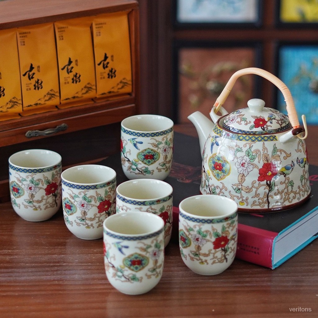 限時免運 中式青花陶瓷大容量提樑壺茶具傢用一壺六杯套裝 藝術品
