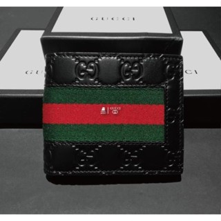 二手*GUCCI 經典 壓紋 印花 織帶 滿版 Logo 銀 黑 短夾