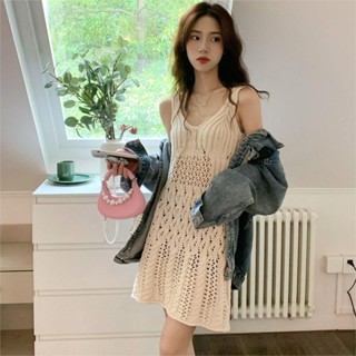 疊穿洋裝🎀 洋氣時髦鏤空冰絲針織連衣裙女夏季疊穿設計感小眾吊帶短裙薄