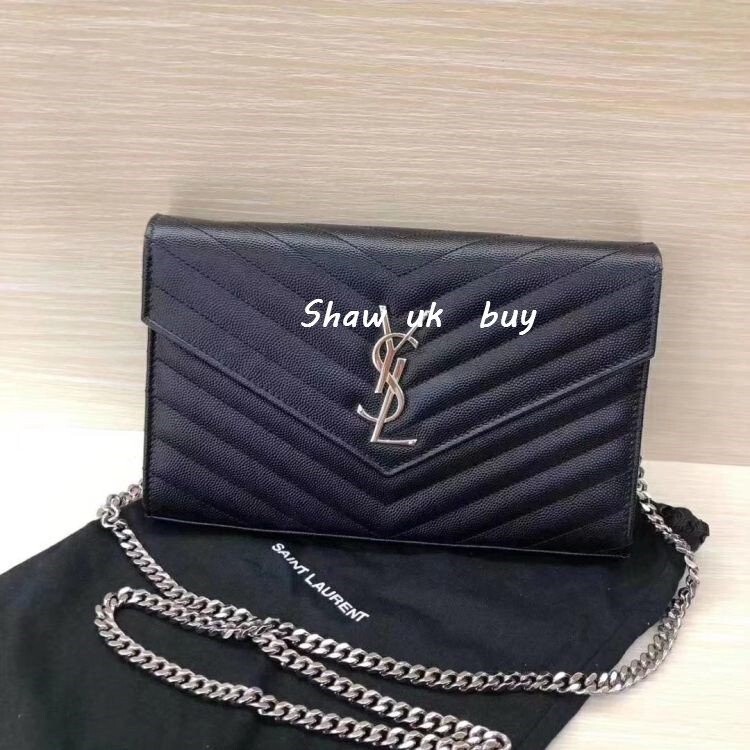 精品二手 YSL 聖羅蘭 WOC 黑銀 經典 魚子醬 大號 信封包 鏈條包 肩背包 斜背包 手拿包 377828