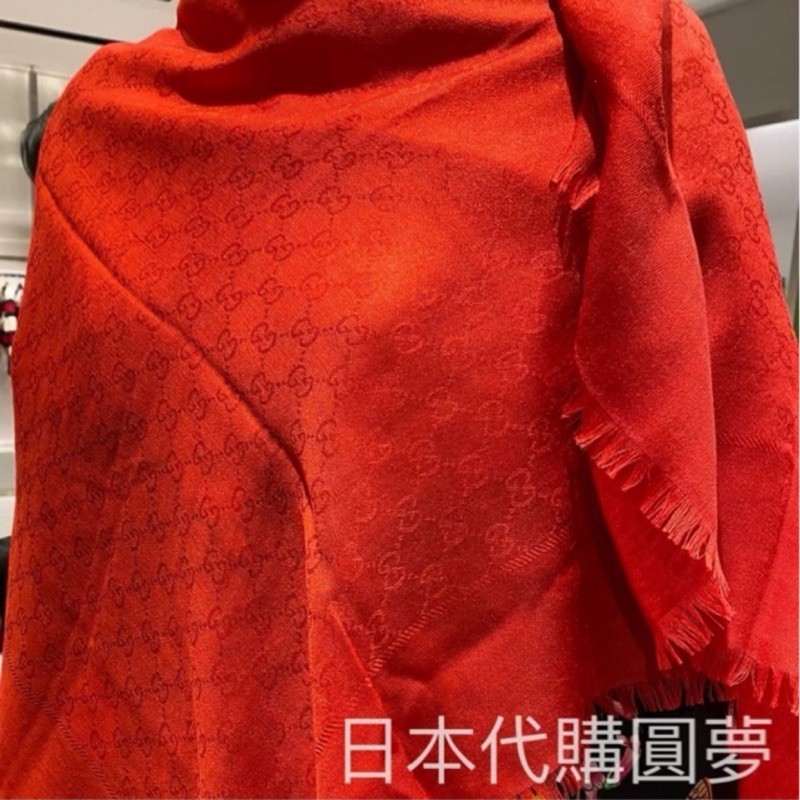 精品二手 Gucci 紅色 橘紅色 大紅色 大方巾 正方型 圍巾 披肩 古馳 義大利製 羊毛混絲 女用 特價