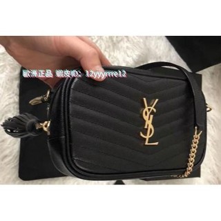 精品二手 SAINT LAURENT 黑色 荔枝牛皮 金字LOGO 流蘇相機包 585040 現貨