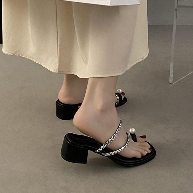 拖鞋女夏季2024年新爆款韓式粗跟露趾仙女風配小裙子百搭涼鞋外穿