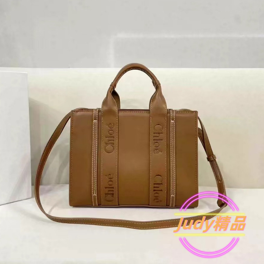 二手精品 CHLOE 蔻依 woody tote bag 全皮新色 小號肩帶款 亞麻帆布包 購物袋 托特包 手提包