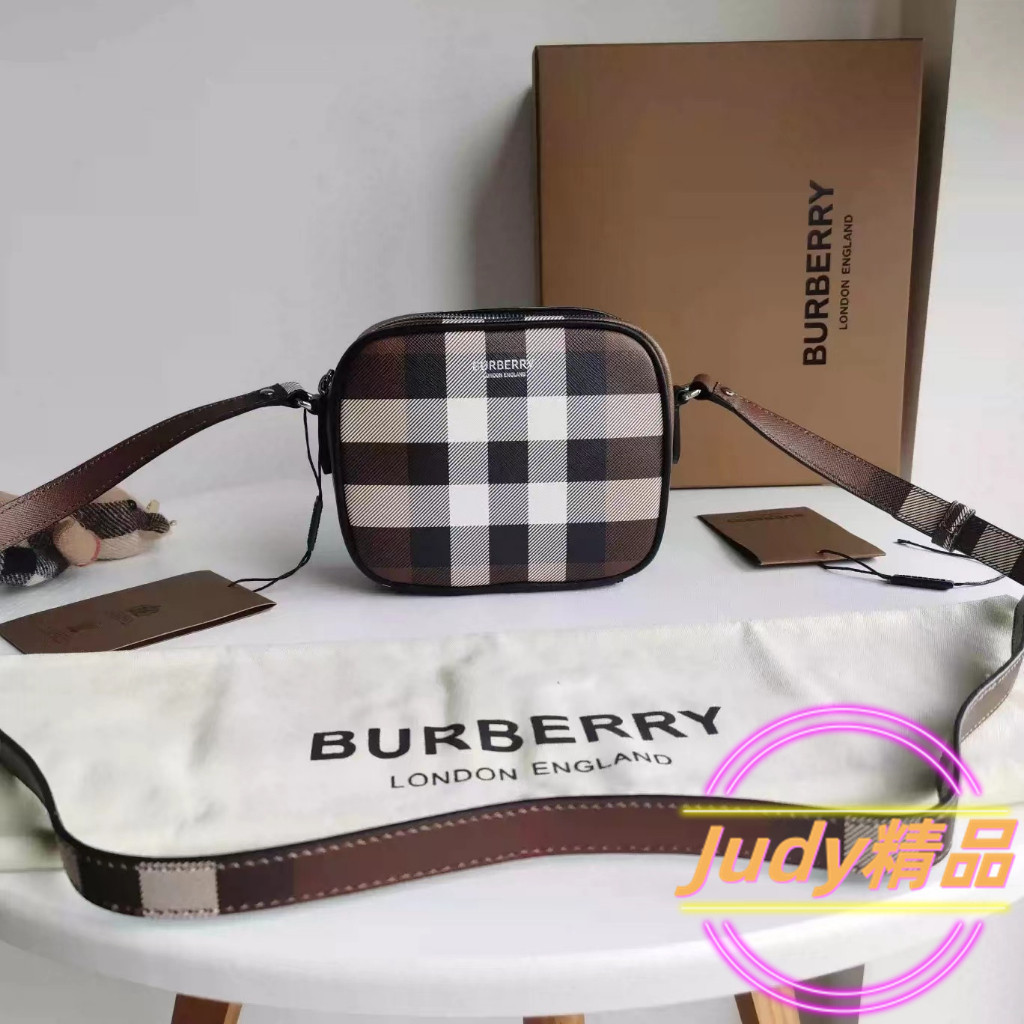 二手精品 BURBERRY 博柏利 格紋印花皮革小方包 相機包 郵差包 單肩斜挎包80353251