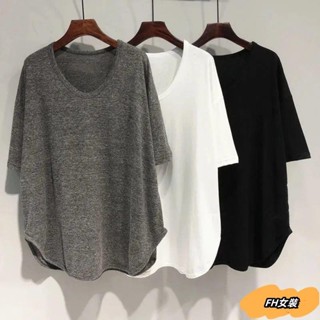 【特大尺碼M-5XL 40-150kg】特大尺碼300斤夏裝u領t恤女短袖弧形下襬寬鬆遮肚中長款慵懶風上衣