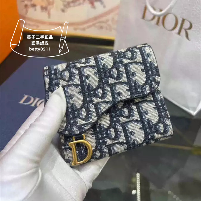 二手現貨 DIOR 迪奧 馬鞍 LOTUS 錢包 金扣CD 藍色刺繡 帆布錢包 零錢包 女款三折短夾 S5652C