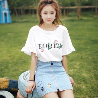 Ruby大尺碼女裝刺繡荷葉邊袖打底衫女2024韓版新款時尚女裝學院風休閑上衣t恤女