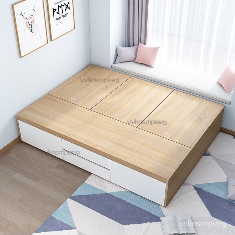 【免運 可開發票】日式小戶型實木床 榻榻米單人床 帶抽屜 多功能高箱床 儲物收納雙人闆式床 床 床架
