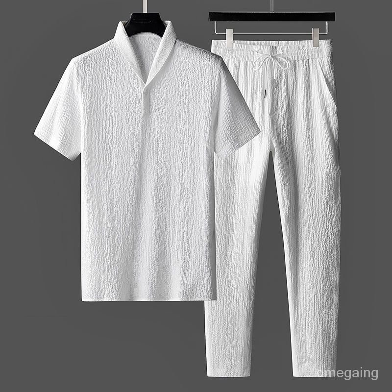 優選精品 夏季時尚潮流褶皺兩件套 男士棉麻短袖T恤青果領白色休閒運動套裝 UNT