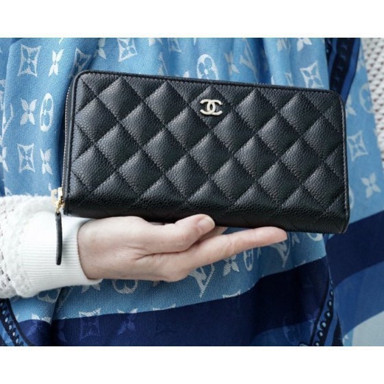 二手 CHANEL 經典 A50097 黑色 菱格 荔枝紋 金CC ㄇ字 拉鍊 長夾