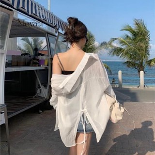 薄款長袖防曬衫襯衣女夏款設計感後背開衩系帶白襯衫上衣潮 女生外套 開衫外套 薄款外套 防曬罩衫 防曬衣 長袖