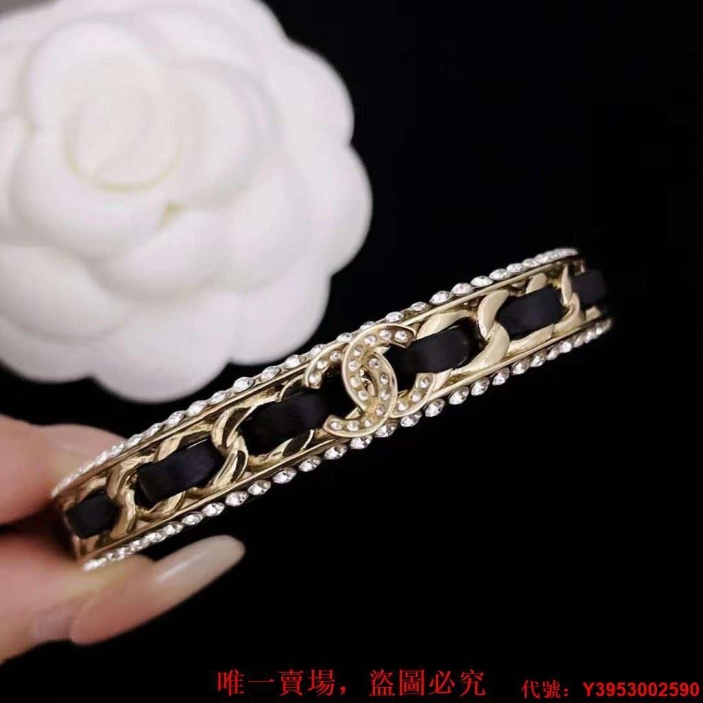 二手正品 CHANEL/香奈兒 水鑽鑲邊 穿皮 開口 手鐲 手環