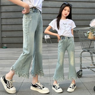 韓式童裝鋪 女童褲子夏季薄款2024新款洋氣九分牛仔褲大童時髦夏裝兒童喇叭褲