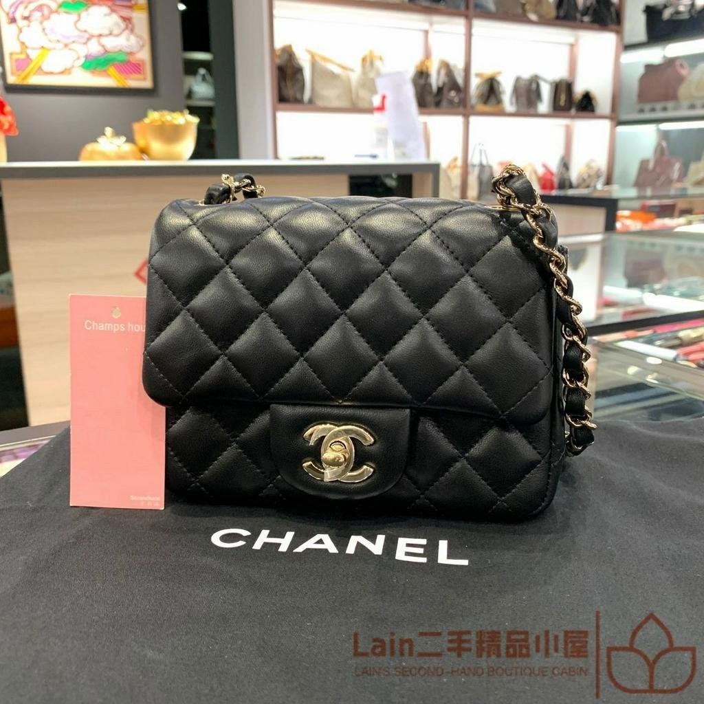 二手精品 CHANEL MINI COCO 17CM 香奈兒黑色羊皮金鍊 斜背包 方胖子 斜挎包 A35200