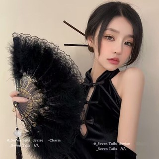 現+免運🚀古風扇子 羽毛扇子蘿莉塔舞蹈旗袍走秀古著漢服拍照古風摺扇網紅仙氣蕾絲扇