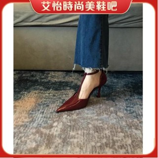 艾怡時尚2024年春漆皮T字帶尖頭細跟單鞋百搭法式高跟鞋一字扣包頭涼鞋女女鞋 高跟鞋 休閒鞋 增高鞋