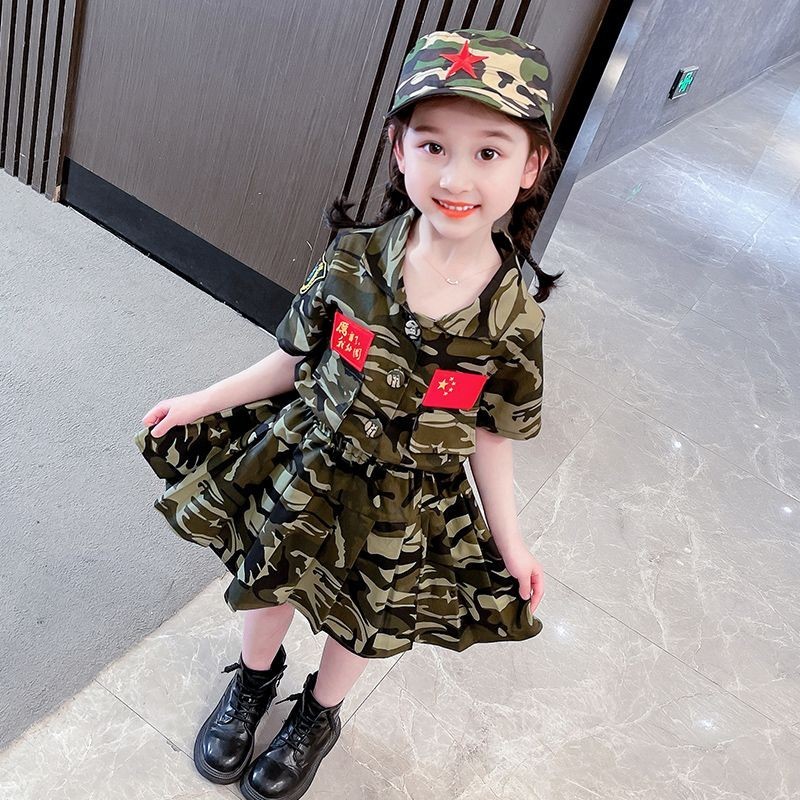 兒童迷彩服套裝夏季女童特種兵軍訓校服寶寶六一錶演服兩件套洋氣 CTJ1