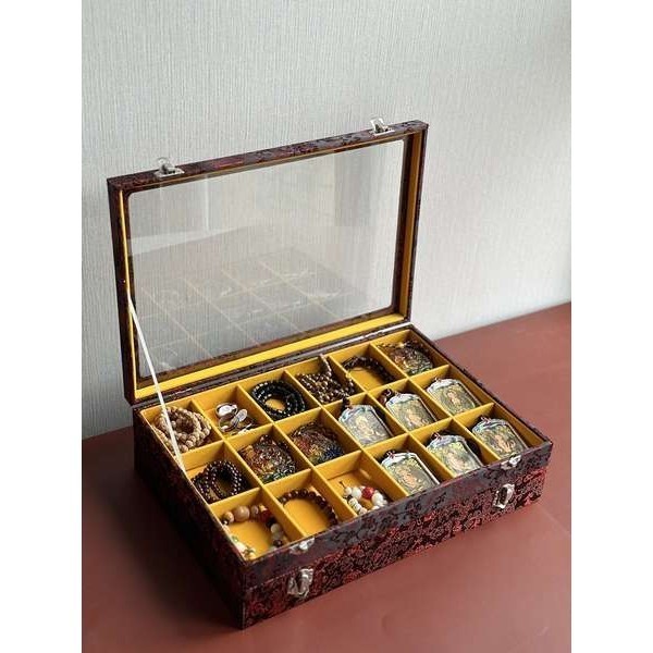 📣台灣發貨🌈透明帶蓋展示盒桌面木質收納盒玻璃整理盒防塵古風佛牌手串架