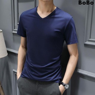 BOBO韓流時尚男裝 男生短袖上衣 短袖T恤 莫代爾潮冰感v領短袖t恤男夏季冰絲薄款速幹半袖灰色修身體恤上衣
