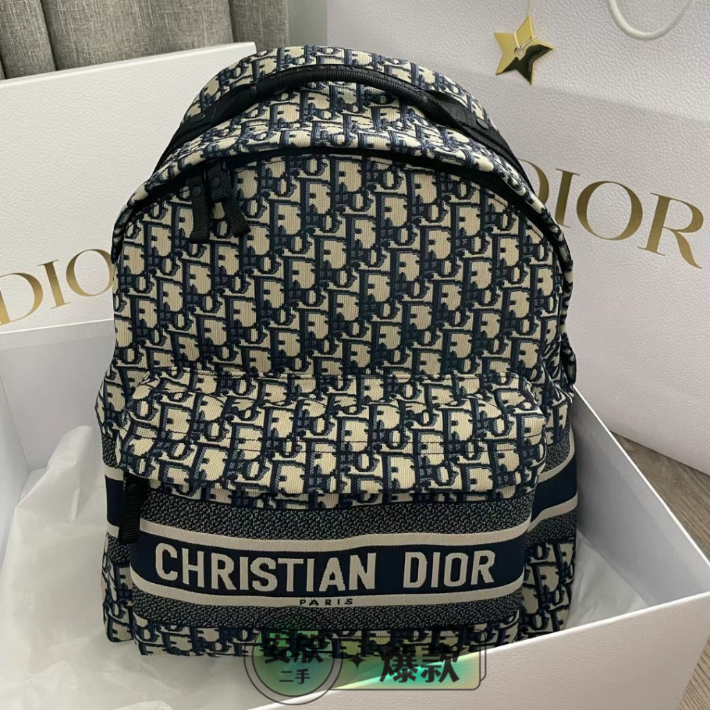 精品二手 DIOR 迪奧 DIORTRAVEL Oblique 藍色復古緹花 帆布包 雙釦 後背包 雙肩包 書包 男款