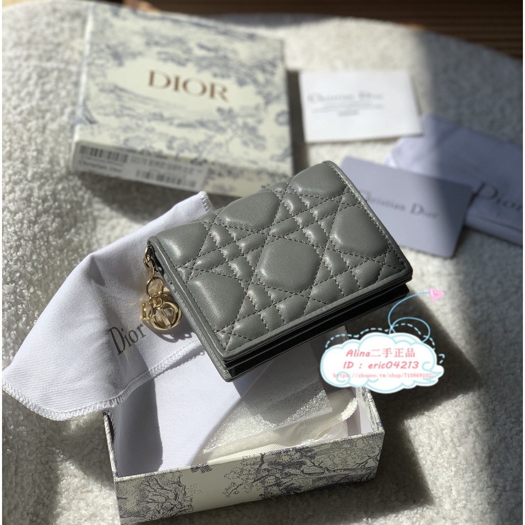 精品二手 Dior 迪奧 Lady 灰色 藤格紋 羊皮革 迷你 對折短夾 錢包 零錢包 S0178ONMJ