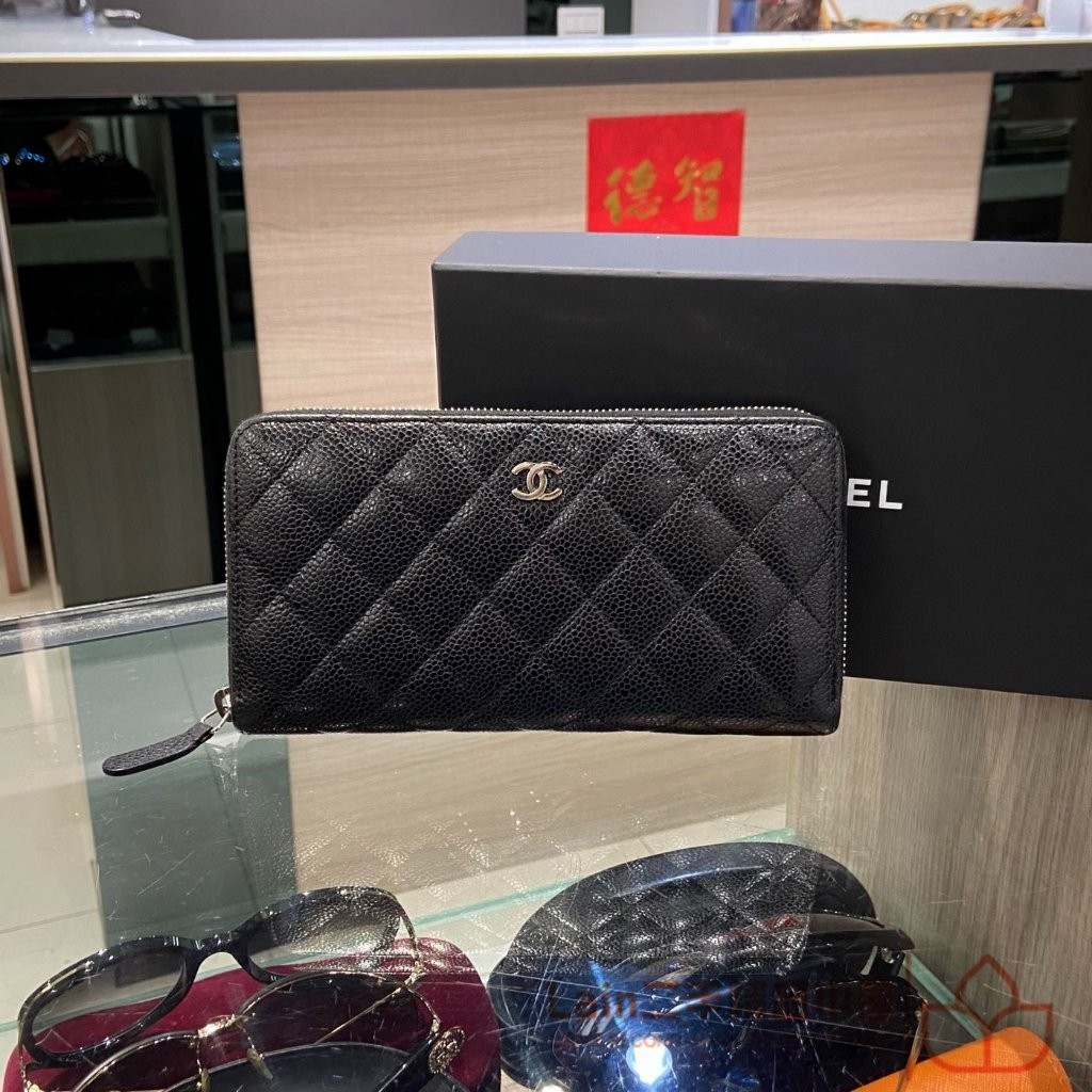 二手精品 CHANEL 香奈兒 黑色 荔枝牛皮 銀釦ㄇ字拉鍊 長夾 皮夾 錢包 零錢包 AP0242