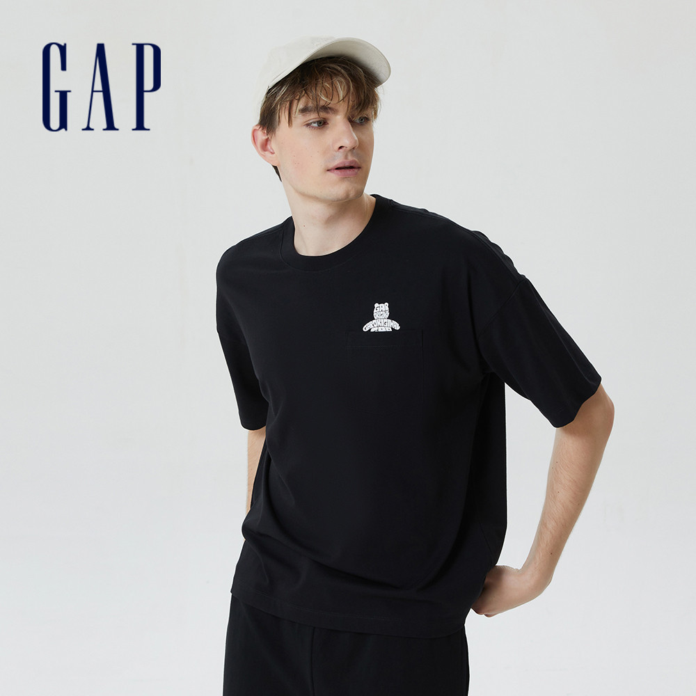 Gap 男裝 Logo純棉小熊印花圓領短袖T恤-黑色(548022)