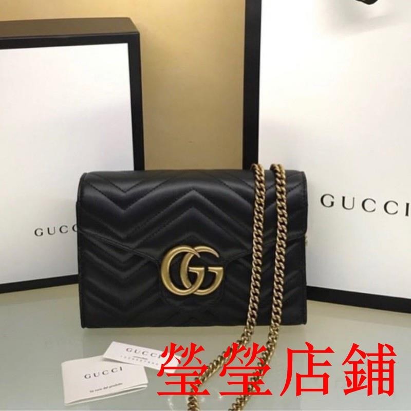 KG二手/GUCCI GG Marmont ‎黑色 牛皮 肩背包 鍊條包 474575 DRW1T 1000