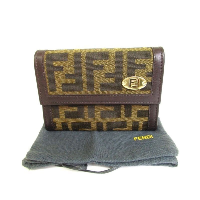 Auth FENDI Zucca Canvas Trifold Wallet Compact Wallet #9405
