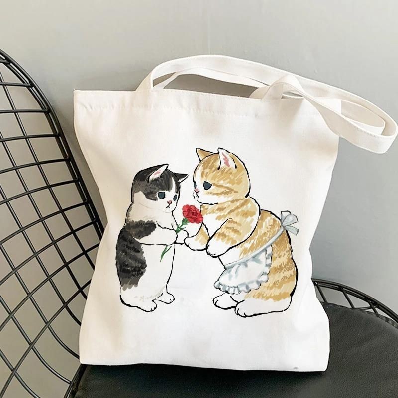 🍒嫄嫄小店🍒Cute Cat Canvas Tote Bag 卡通可爱猫咪印花手提包帆布包大容量