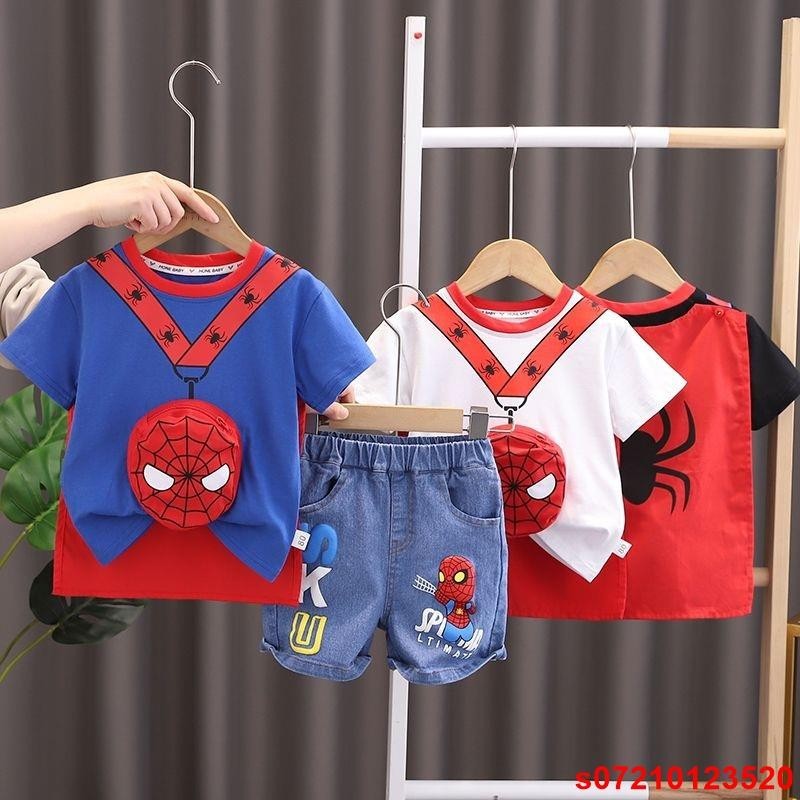 台灣熱賣男童套裝 幼童蜘蛛人套裝童裝 兒童蜘蛛人上衣短袖褲子兩件套 蜘蛛人披風衣服 兒童蜘蛛人帥氣服裝