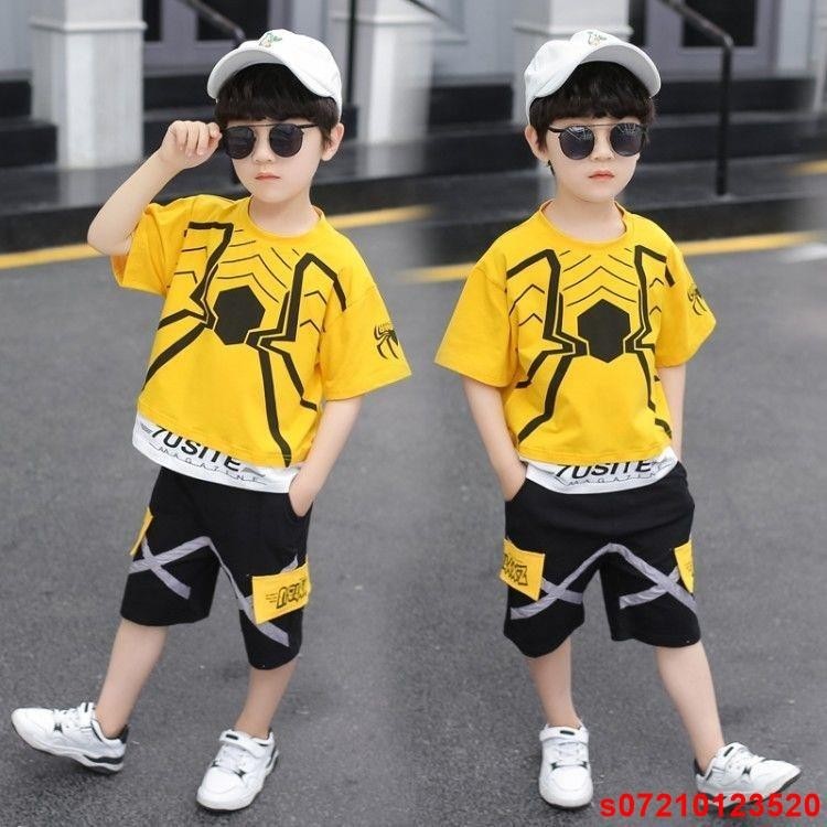 台灣熱賣兒童短袖套裝蜘蛛人衣服童裝兒童卡通T恤上衣短褲兩件套男童夏季清涼衣服