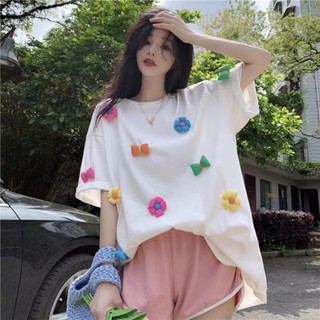 Yelly's Shop 設計感重工花朵短袖T恤女夏季韓版2024新款寬鬆中長款白色上衣ins