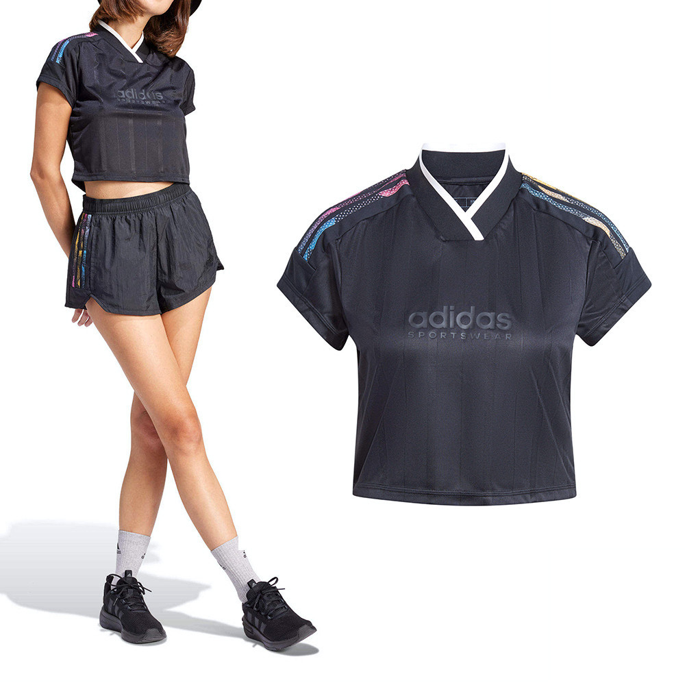 Adidas W Tiro Q2 Cro T 女款 黑色 寬鬆 V領 短版 三條線 上衣 短袖 IQ4816
