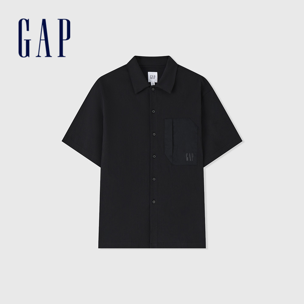 Gap 男裝 Logo翻領短袖襯衫-黑色(464287)