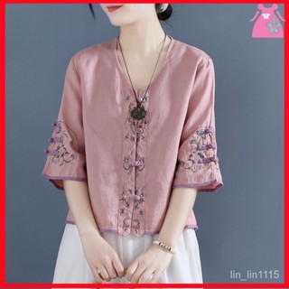 🔥媽媽中袖上衣 寬鬆薄款 大尺碼襯衫 婆婆衣服 胖媽媽遮肚寬鬆女 阿嬤/阿婆夏天中老年複古刺繡盤扣麻棉襯衫女2024夏